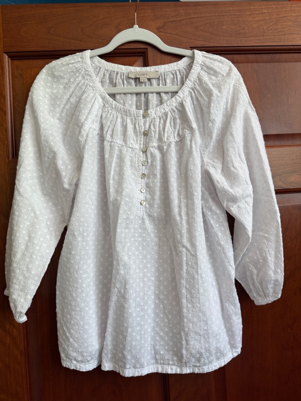 LOFT White Swiss Dot Peasant Top with Button Placket